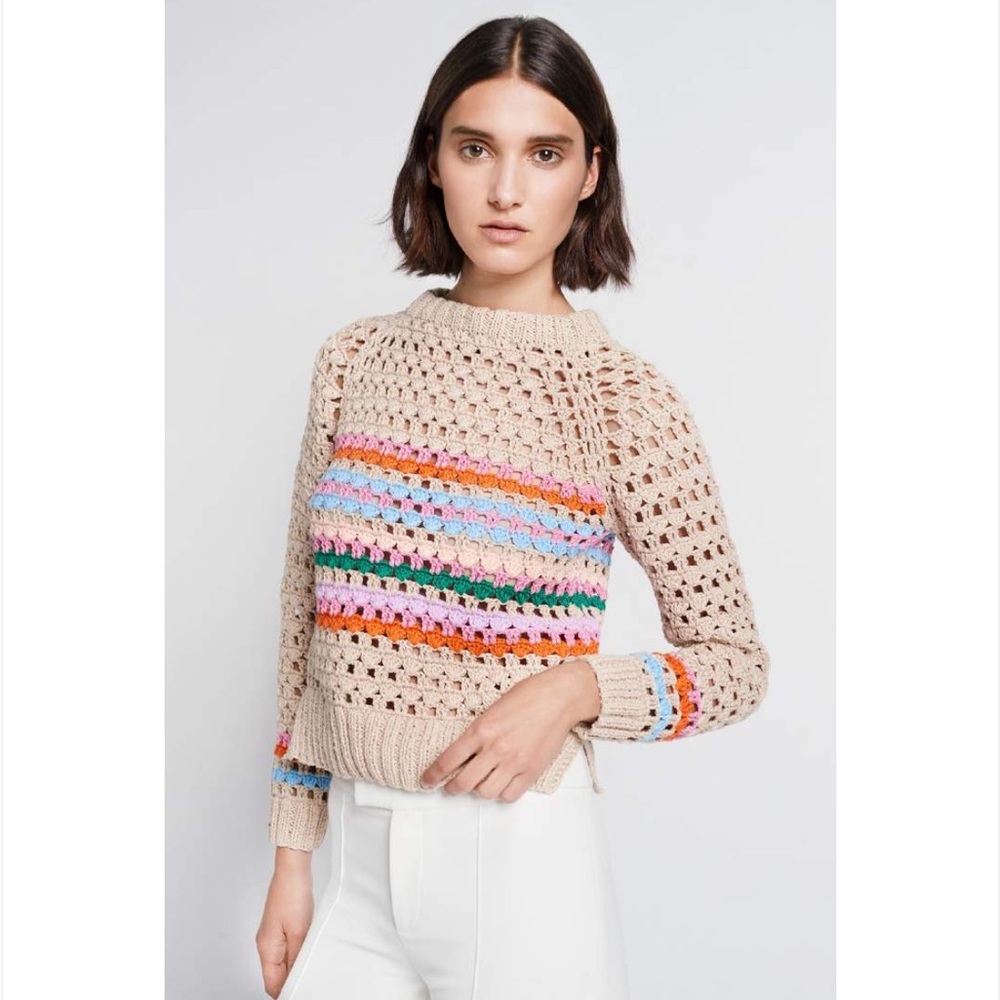 Smythe Beige Crochet Sweater with Colorful Stripes
